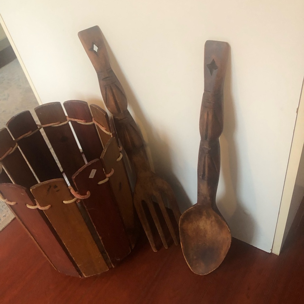 1970s Tiki retro kitchen wall art Wooden Decorative Basket with Spoon/Fork